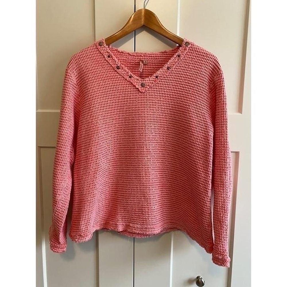 Focus Top Waffle Knit Casual Life Medium Salmon V Neck Studded Pullover s1